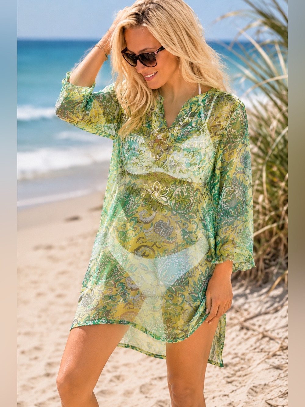 Silk sheer beach cover up resort wear tunic  XL green blue paisley Santorini - Picture 7 of 7